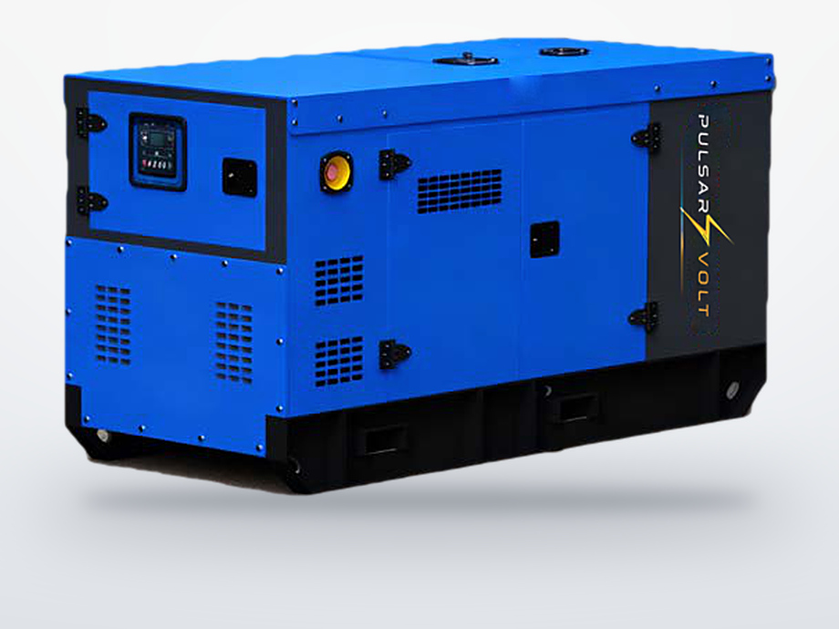 Industrial 25 kVA generator, blue soundproof canopy