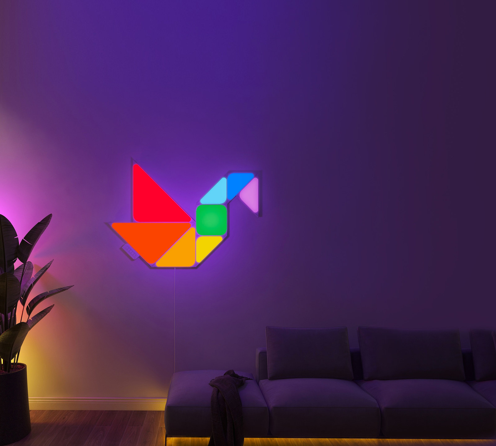 Coloured light panels assembled as a wall decoration in a living room