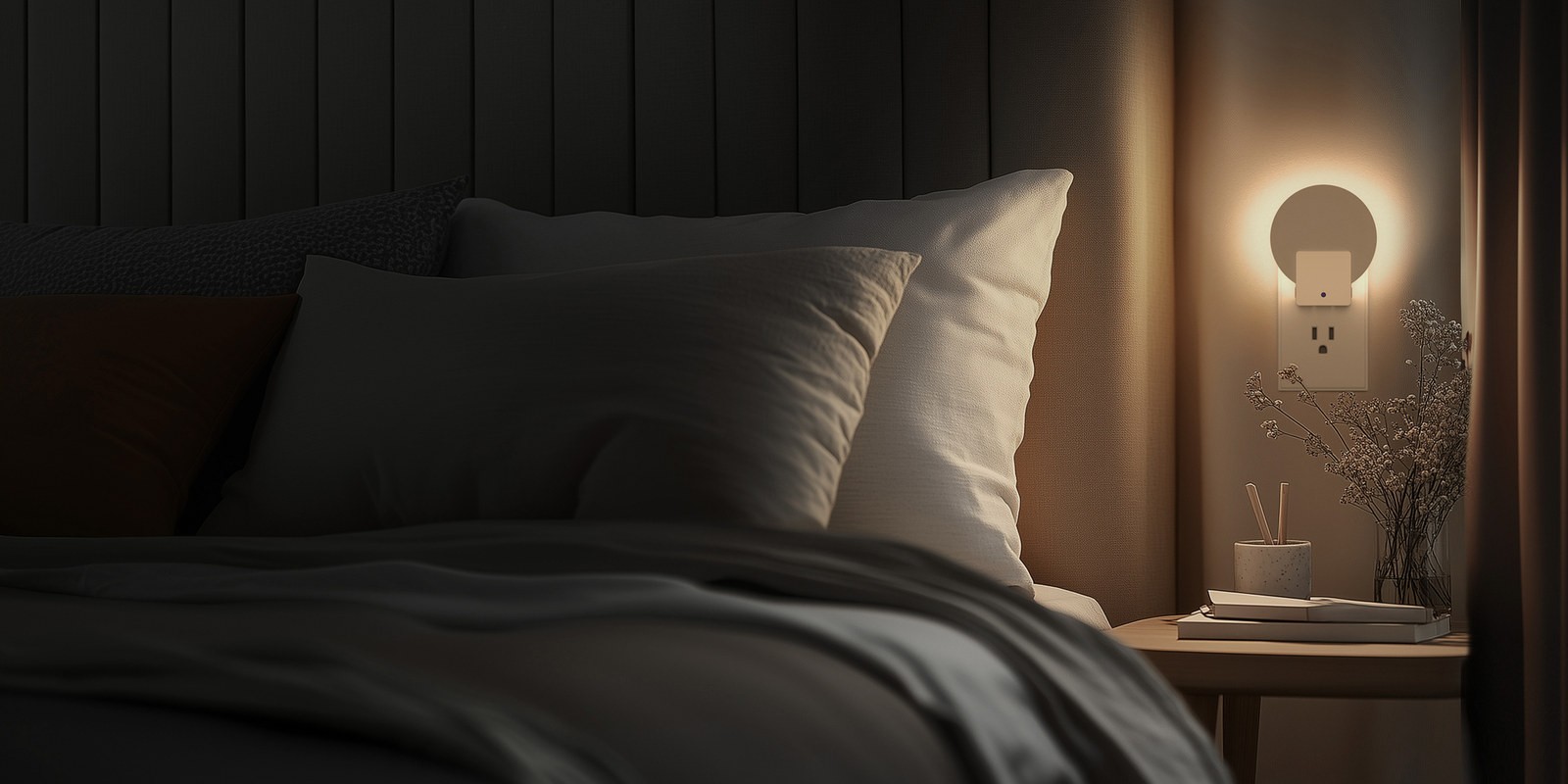 Night light switching itself on in a socket beside a bed, at night