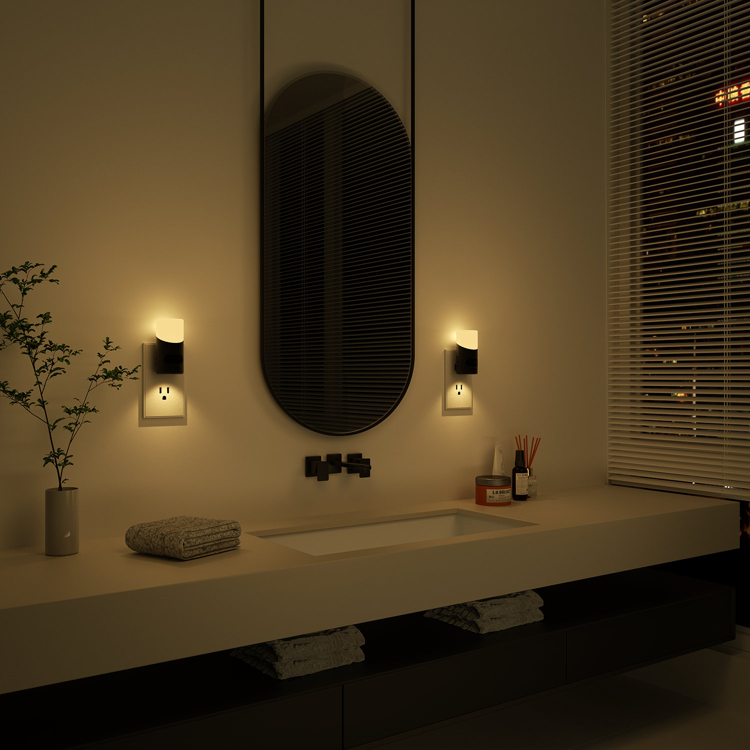 Motion-sensor night lights lighting a washbasin counter at night