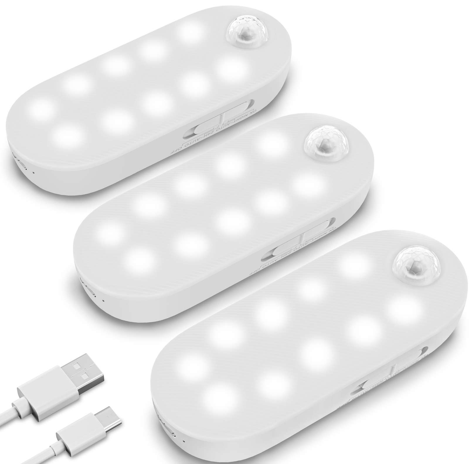 Three magnetic light bars lit, with their USB charging cable