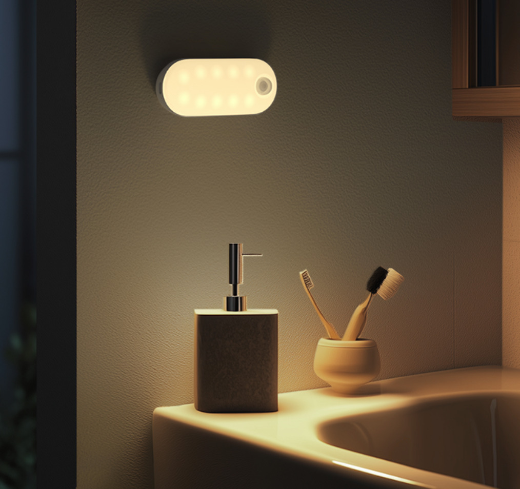 Rechargeable magnetic night light lit above a washbasin, at night