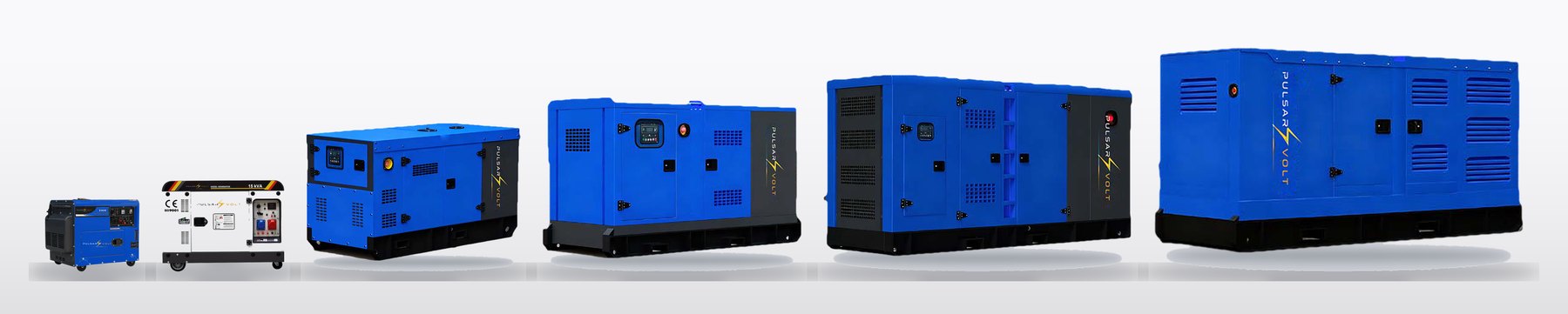 The whole Pulsar Volt generator range lined up: compact sets, soundproof canopies, lighting trailers and containerised sets