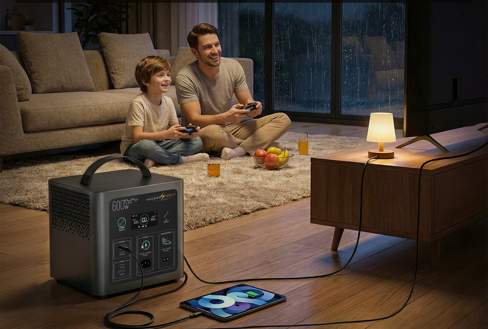 In the evening, a living room lit by a lamp while it rains outside: a Pulsar Volt power station is running the lamp, the console and the tablet