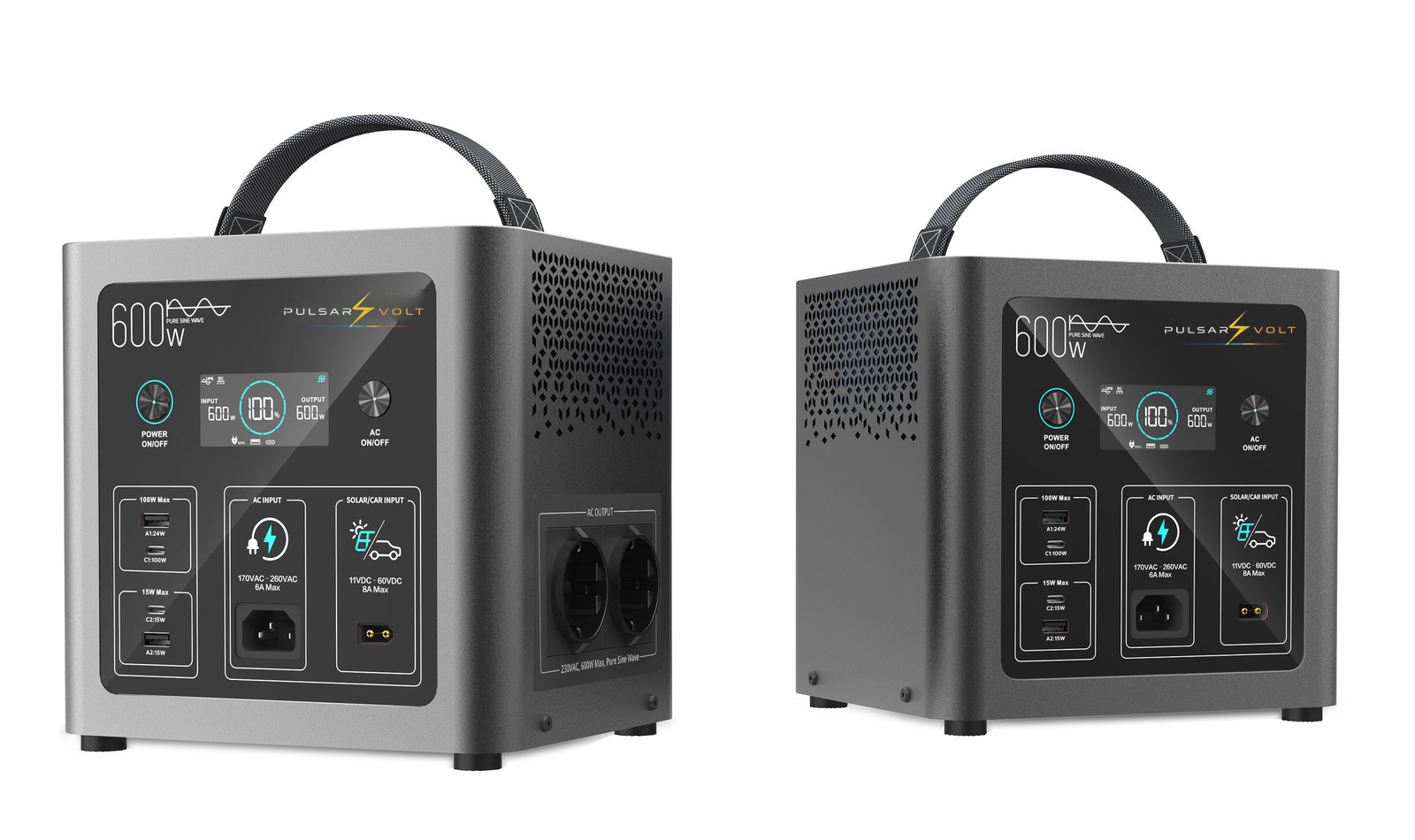 M600 portable power station, front and three-quarter view