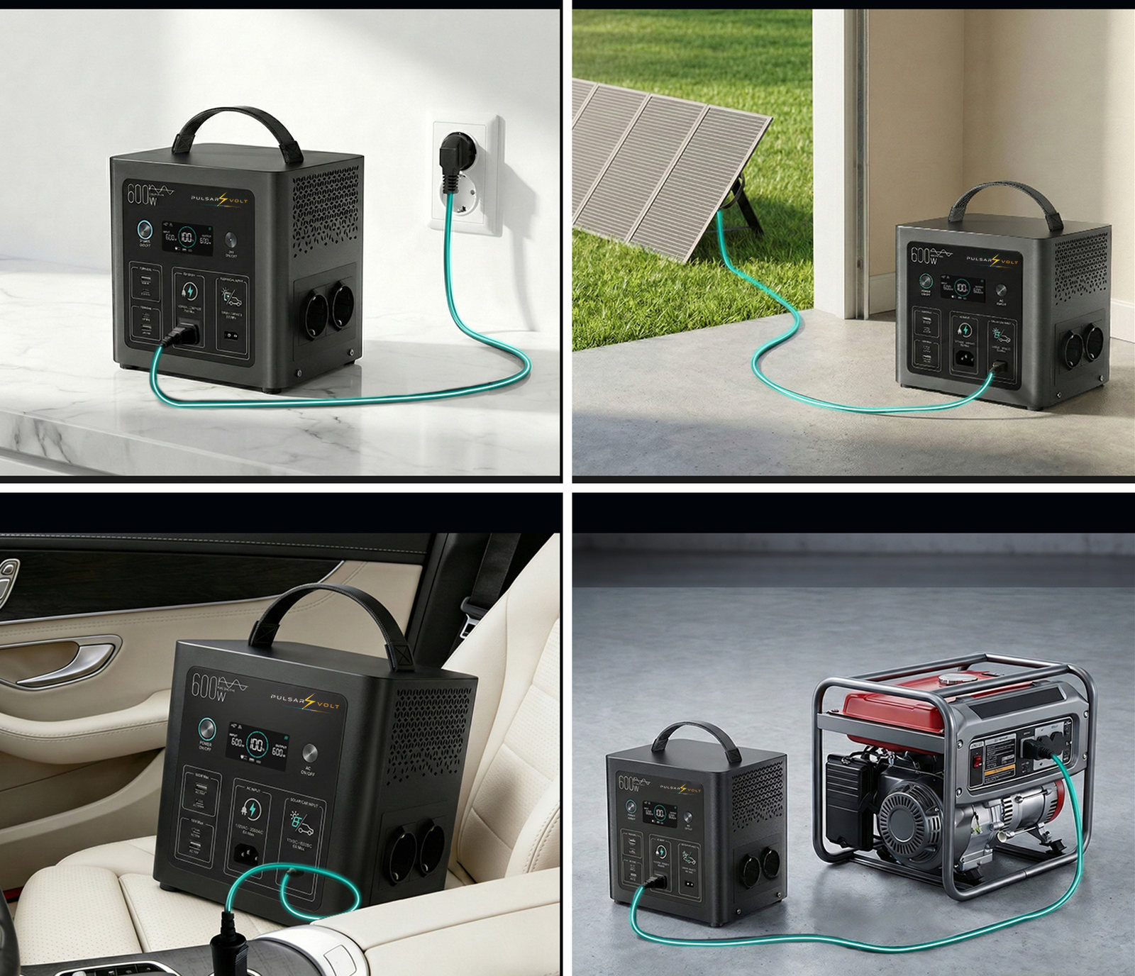 The four ways to recharge the M600 station: wall socket, solar panel, car lighter socket and generator