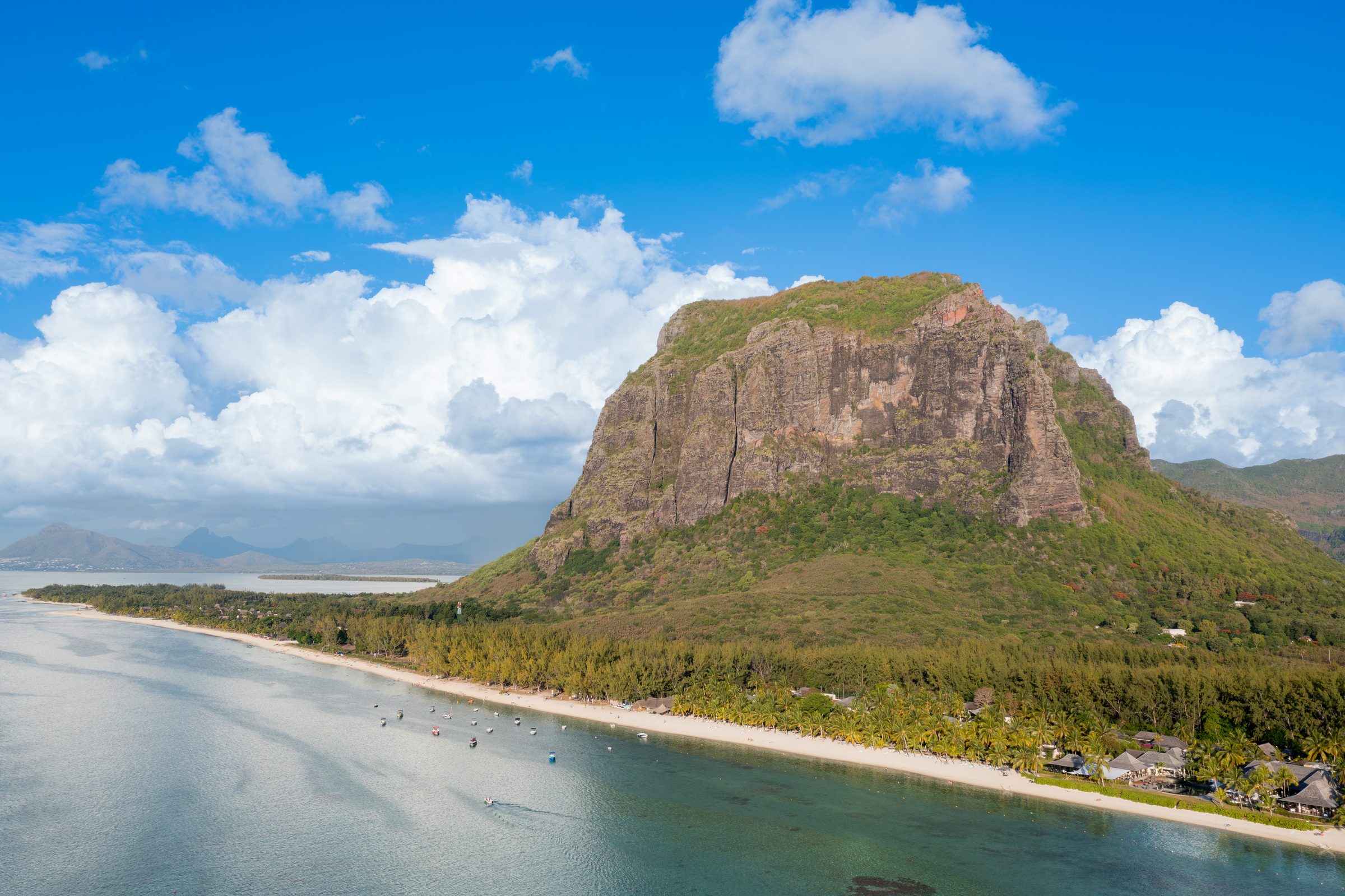 Mauritius seen from the air: Le Morne Brabant, the lagoon and the south-west coast
