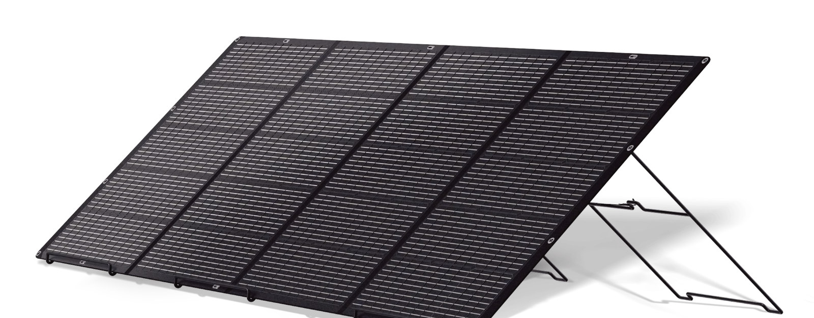 Foldable solar panel opened on its stand, on a white background