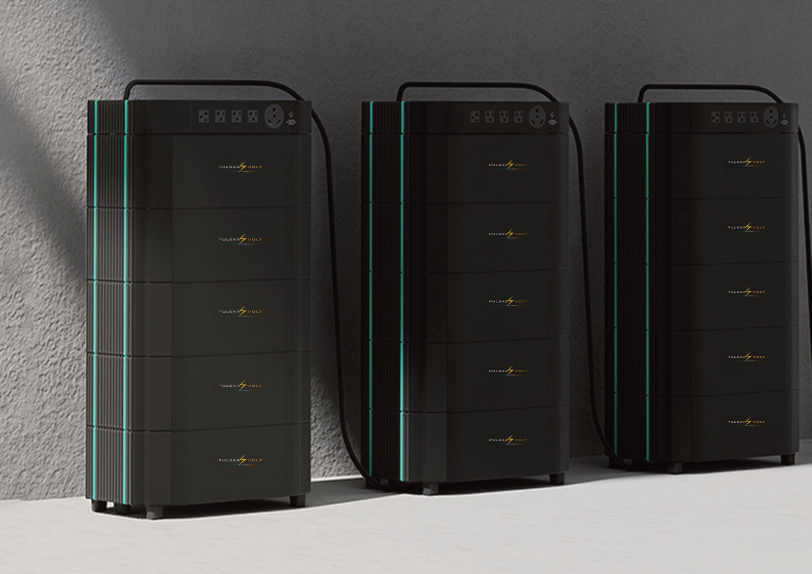Three modular storage stations stacked along a wall, battery modules one on top of the other